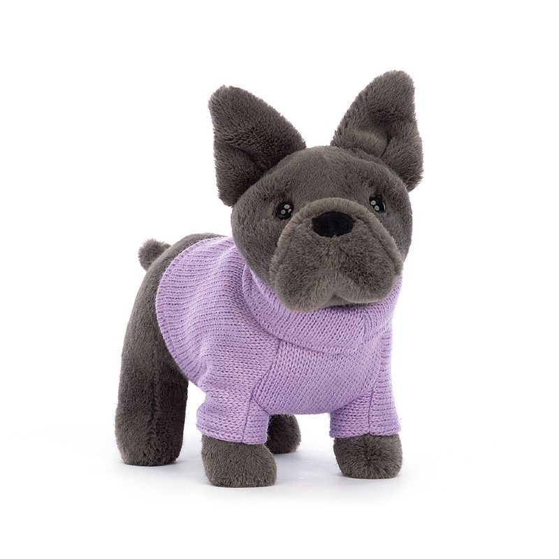 Jellycat - Przytulanka Piesek buldog francuski w fioletowym sweterku 19cm