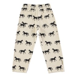 Piupiuchick - Bawełniane spodnie joggery z tkaniny strukturalnej - ecru w/ black horses w/ animal print