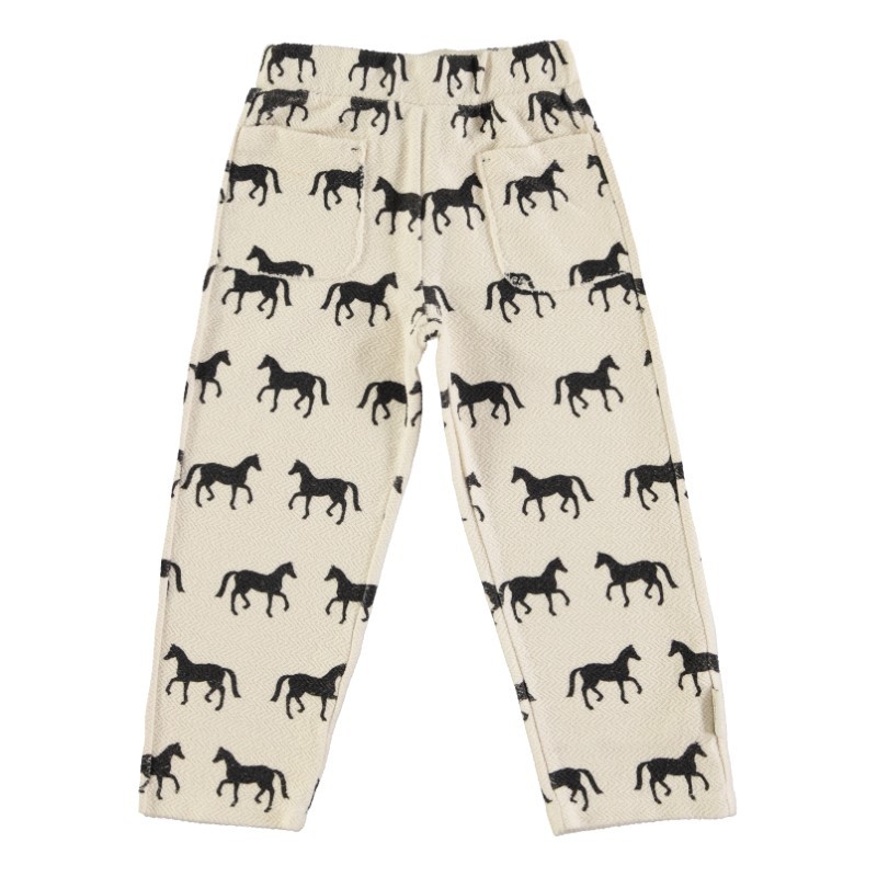 Piupiuchick - Bawełniane spodnie joggery z tkaniny strukturalnej - ecru w/ black horses w/ animal print