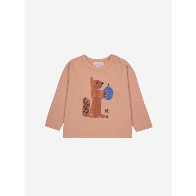 Bobo Choses - Bawełniany longsleeve z nadrukiem Baby Hungry Squirrel T-shirt - light brown