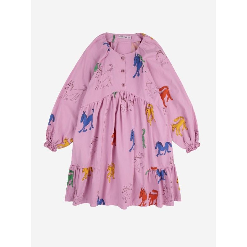 Bobo Choses - Sukienka popelinowa z nadrukiem Kids Wonder Horse all over dress - pink