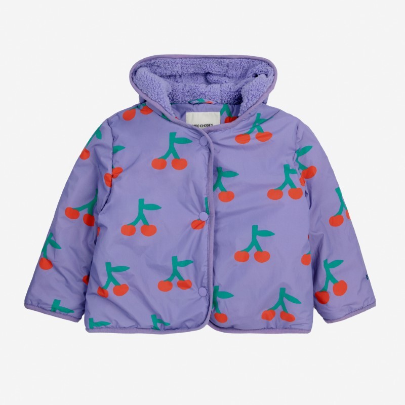 Bobo Choses - Ocieplana kurtka z kapturem Baby Cherry all over anorak - purple