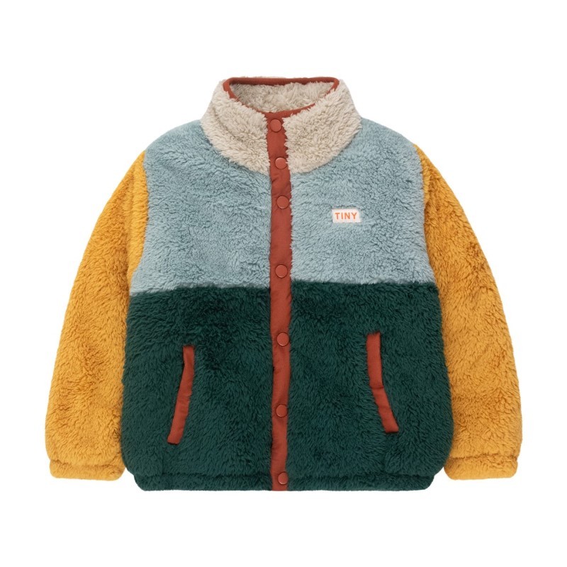 Tinycottons - Dziecięca kurtka ze sztucznego futerka COLOR BLOCK POLAR SHERPA JACKET - warm grey/bottle green