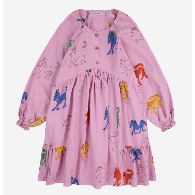 Bobo Choses - Sukienka popelinowa z nadrukiem Kids Wonder Horse all over dress - pink