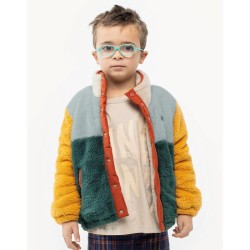 Tinycottons - Dziecięca kurtka ze sztucznego futerka COLOR BLOCK POLAR SHERPA JACKET - warm grey/bottle green