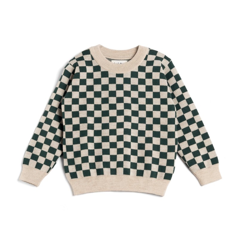 Kid Story - Sweter z wełny merino, green chessboard